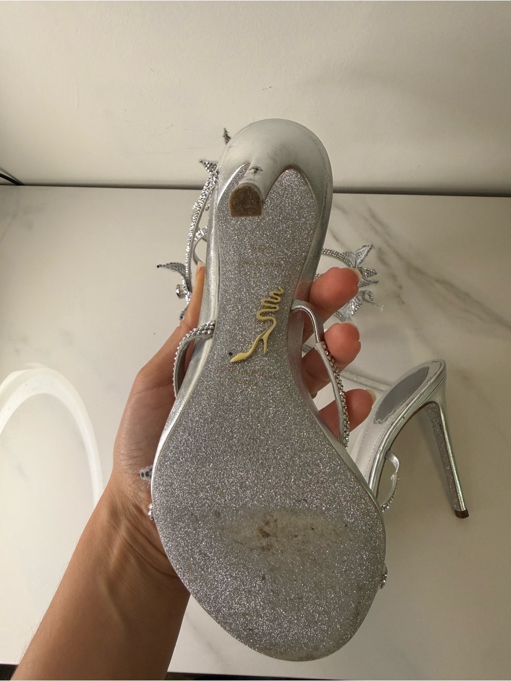 René Caovilla Cleo Star Silver Crystal Spiral Heels Sandals - Picture 9 of 13